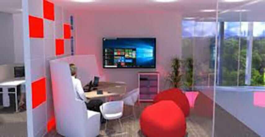 Red huddle room with a wall screen