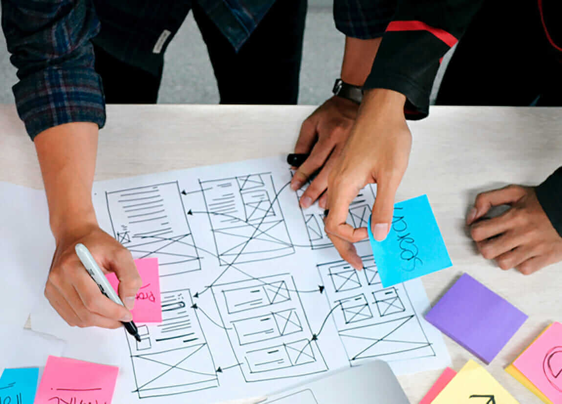Collaborative design consulting meeting with wireframes and sticky notes on a table.