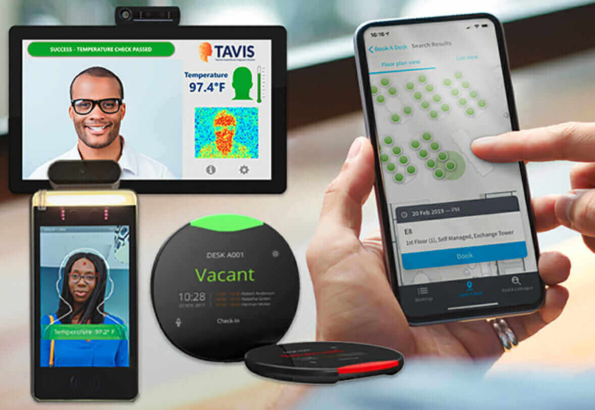 Reopening technology with temperature checks, desk booking app, and occupancy sensors for safe workplace management.