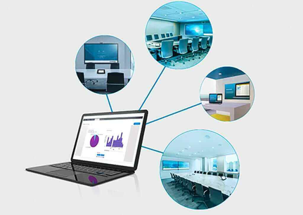 Laptop with AV reporting analytics dashboard, connected to conference rooms and systems for enhanced data visualization.