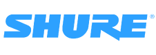 Shure logo in blue, representing audio equipment brand, microphones, and sound technology.