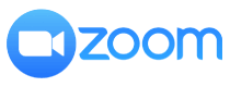 Zoom logo featuring a blue video camera icon and bold text, representing video conferencing software branding.