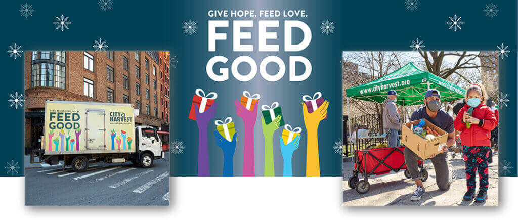 City Harvest truck and volunteers at food donation event with "Feed Good" banner, promoting community food drive.